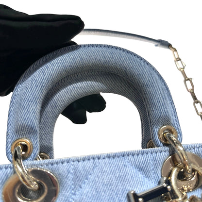 Used DIOR Denim Cannage D-Joy Medium Two Way Shoulder Bag Light Blue