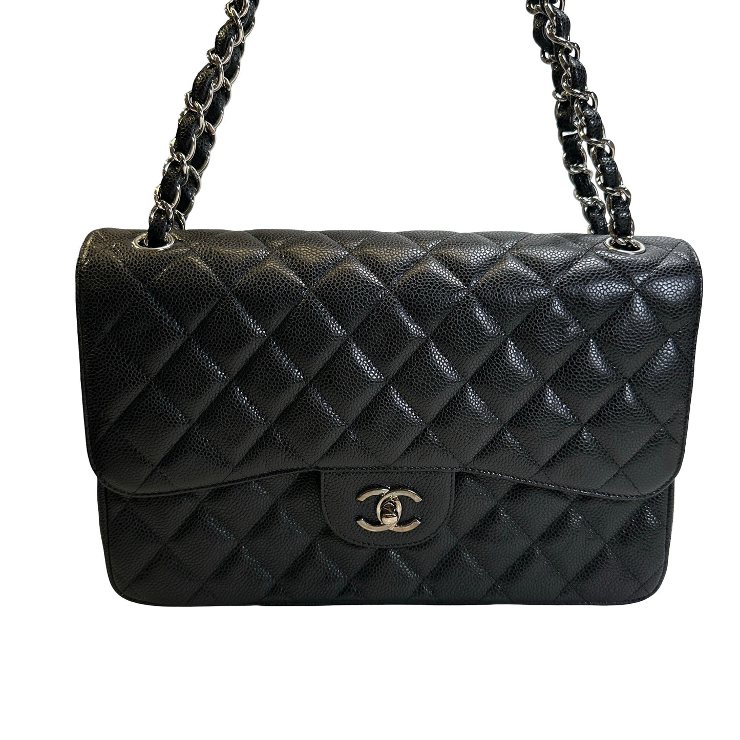 Used CHANEL Quilted Caviar leather Jumbo Single Flap Bag Shoulder Bag Black Silver hardware