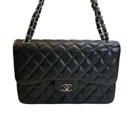Used CHANEL Quilted Caviar leather Jumbo Single Flap Bag Shoulder Bag Black Silver hardware