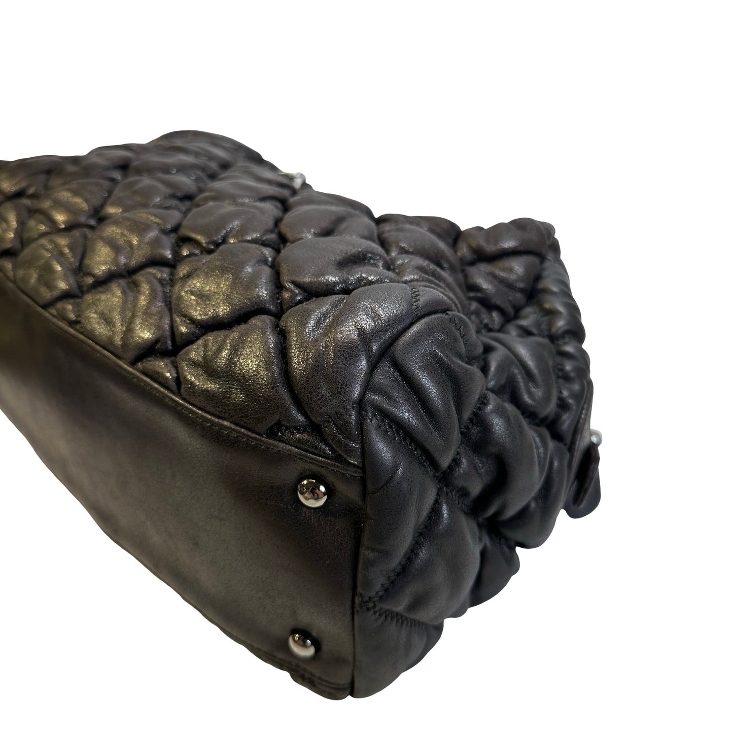 Used CHANEL Quilted Leather Bubble Quilted Bowler Bag Handbag Black Silver hardware