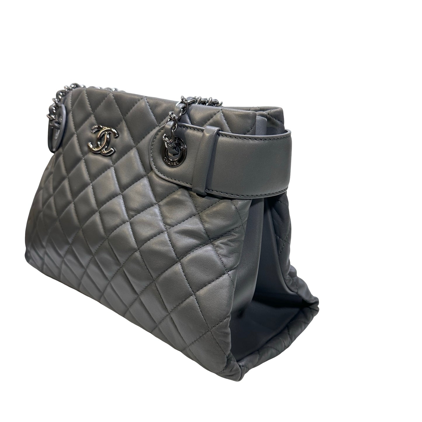 Used CHANEL Lambskin Leather Grey Tote Bag Grey PHW