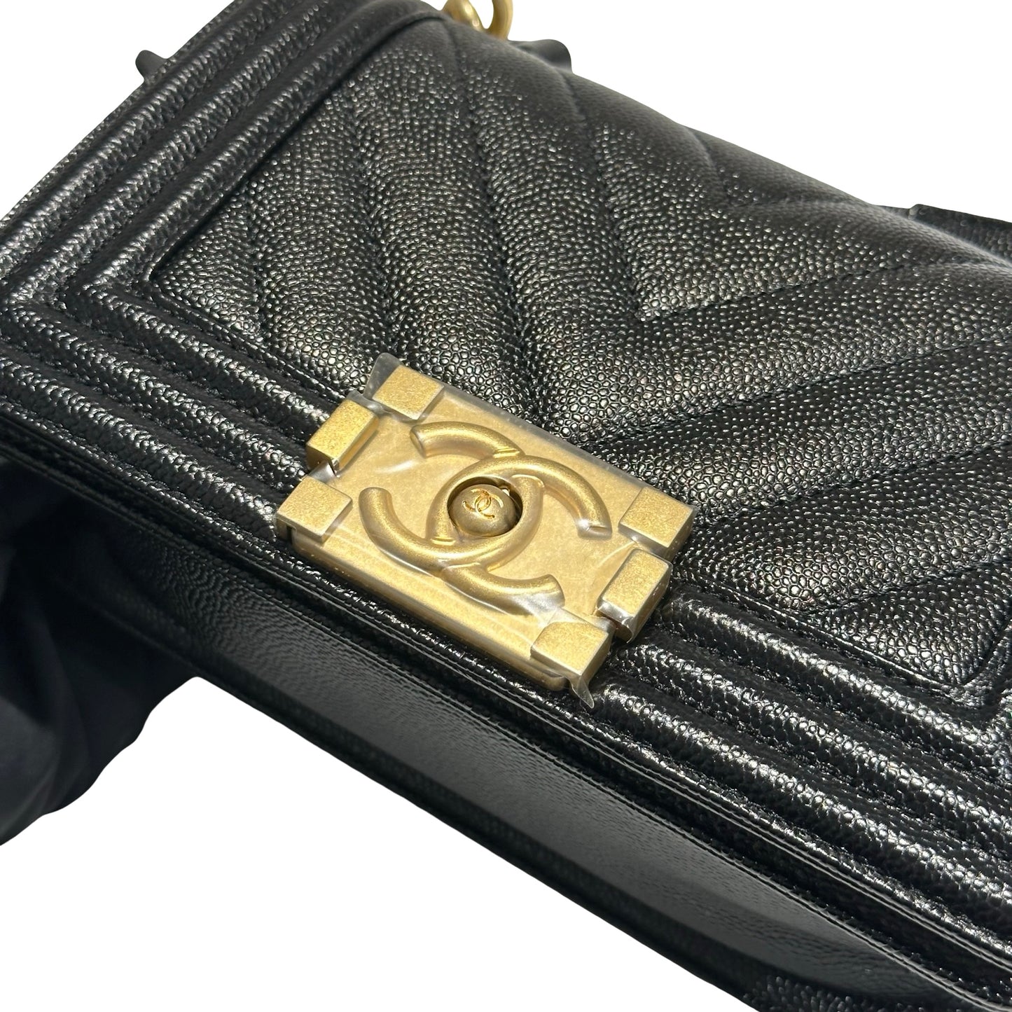 Used CHANEL Calfskin Leather Boy 20 V line Cross Body Bag Black GHW