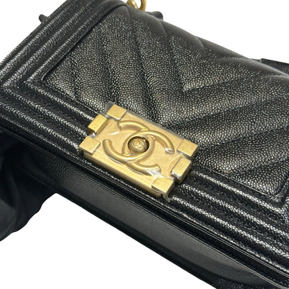 Used CHANEL Calfskin Leather Boy 20 V line Cross Body Bag Black GHW