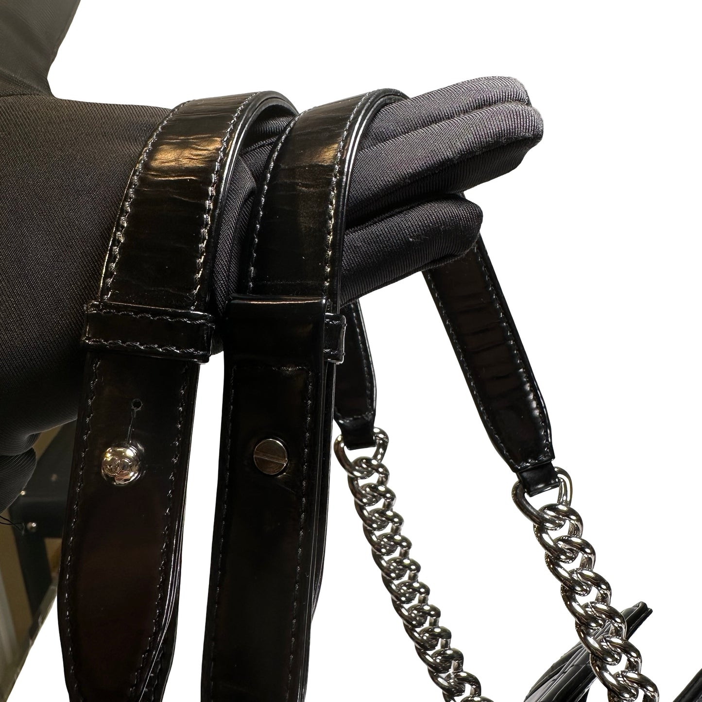 Used CHANEL Patent Leather Boy Shopping Tote Tote Bag Black PHW