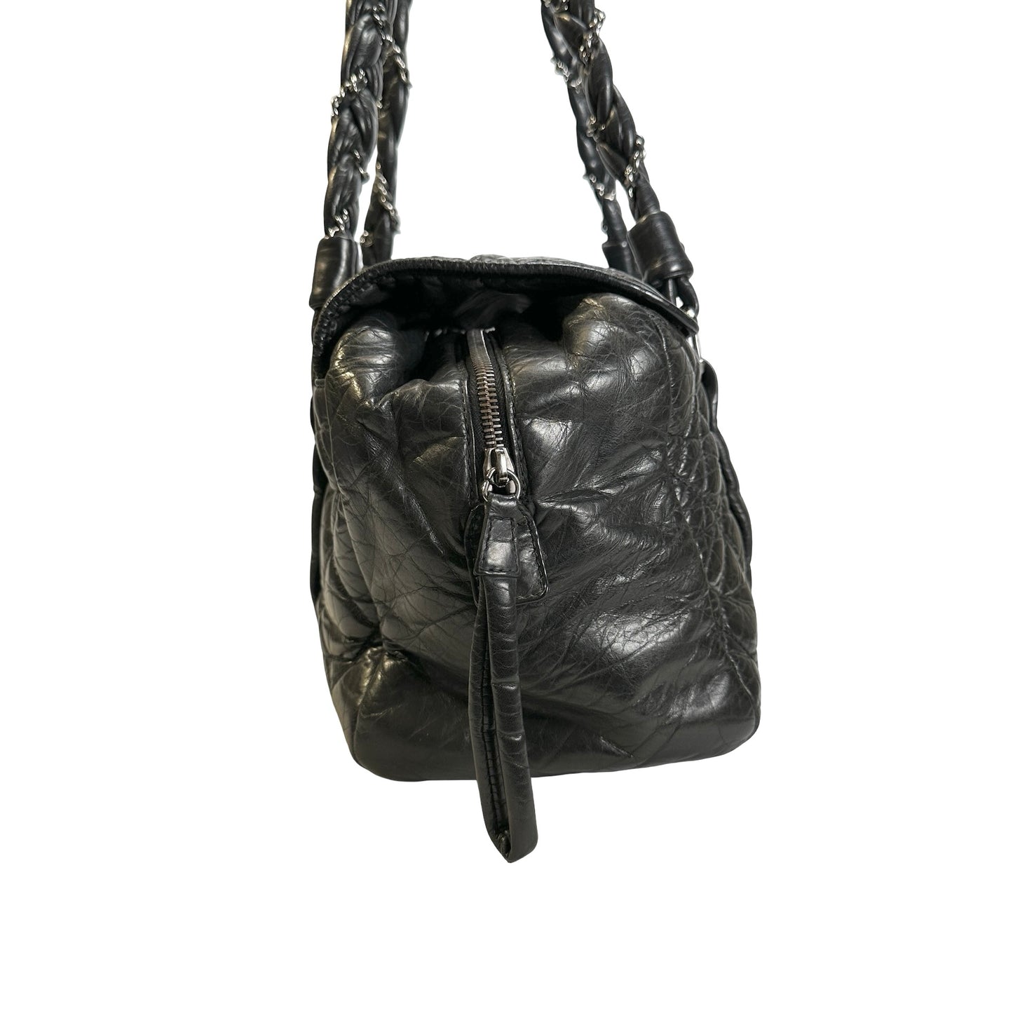 Used CHANEL Quilted Quilted Aged Calfskin Bowler Bag Handbag Black