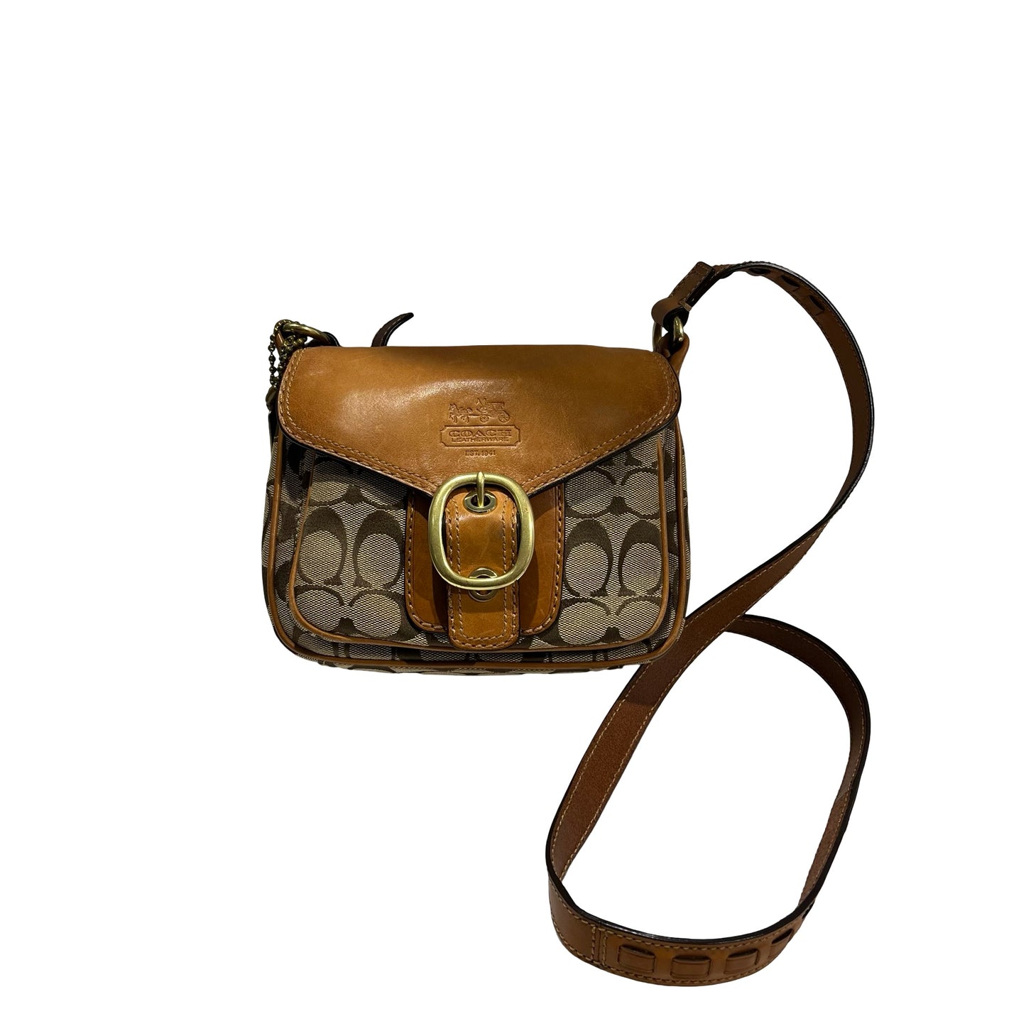 Used COACH Signature Canvas Leather Signature Canvas Flap Bag Crossbody Bag Brown Beige