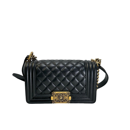 Used CHANEL Lambskin Boy 20 Shoulder Bag Black GHW