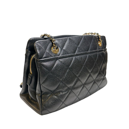 Used CHANEL Calfskin Leather Tote Bag Black GHW
