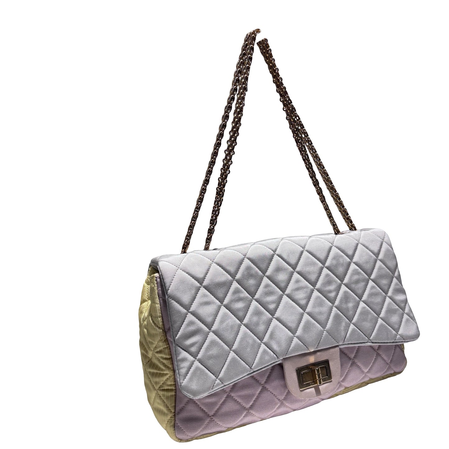 Used CHANEL Satin Reissue 2.55 Chain Shoulder Bag Grey Pink Yellow GHW