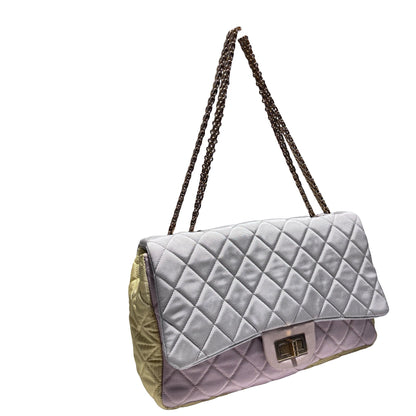 Used CHANEL Satin Reissue 2.55 Chain Shoulder Bag Grey Pink Yellow GHW
