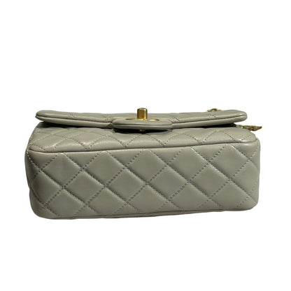 Used CHANEL Lambskin Leather Classic Flap with Gold Ball Chain Shoulder Bag Grey GHW