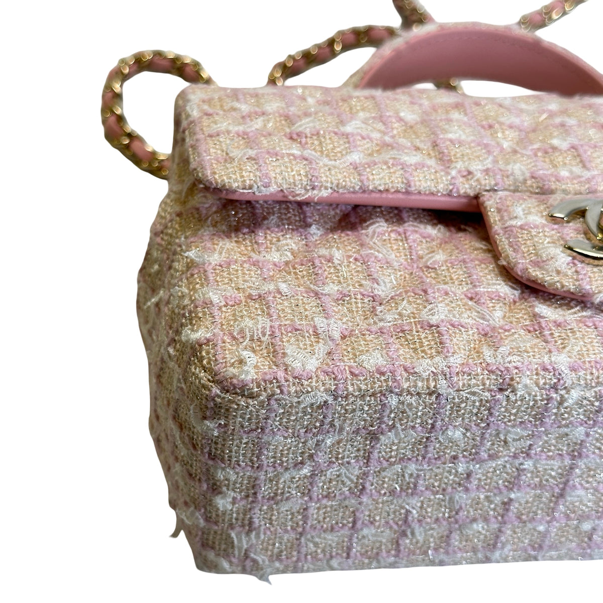 Used CHANEL Tweed Quilted Mini Flap Bag with Top Handle Handbag Pink White