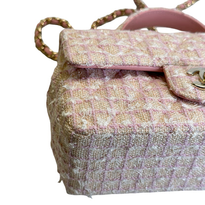 Used CHANEL Tweed Quilted Mini Flap Bag with Top Handle Handbag Pink White