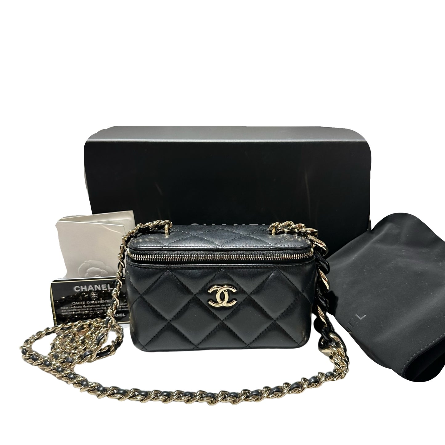 Used CHANEL Lambskin Leather Vanity Case Cross Body Bag Black GHW