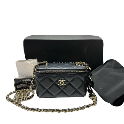 Used CHANEL Lambskin Leather Vanity Case Cross Body Bag Black GHW