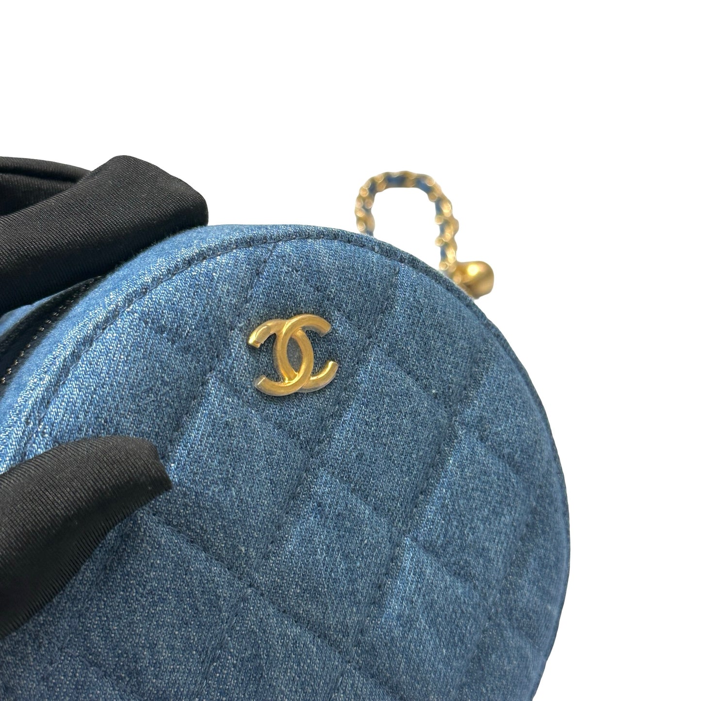 Used CHANEL Denim Chain with Gold Ball Cross Body Bag Denim Blue GHW