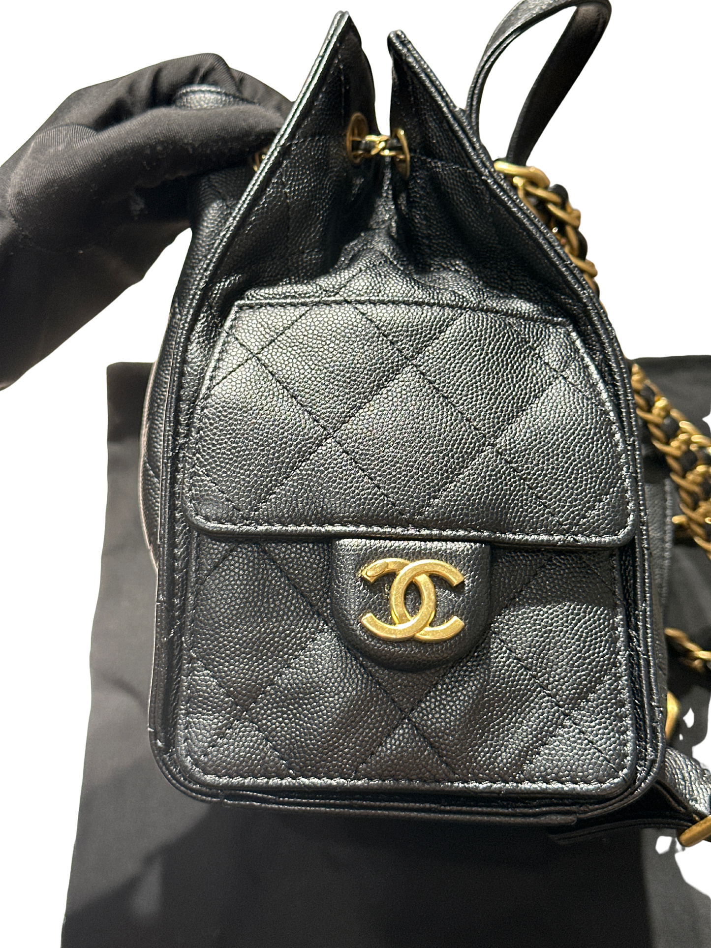 Used CHANEL Caviar Quilted 25 Backpack Backpack Black Gold