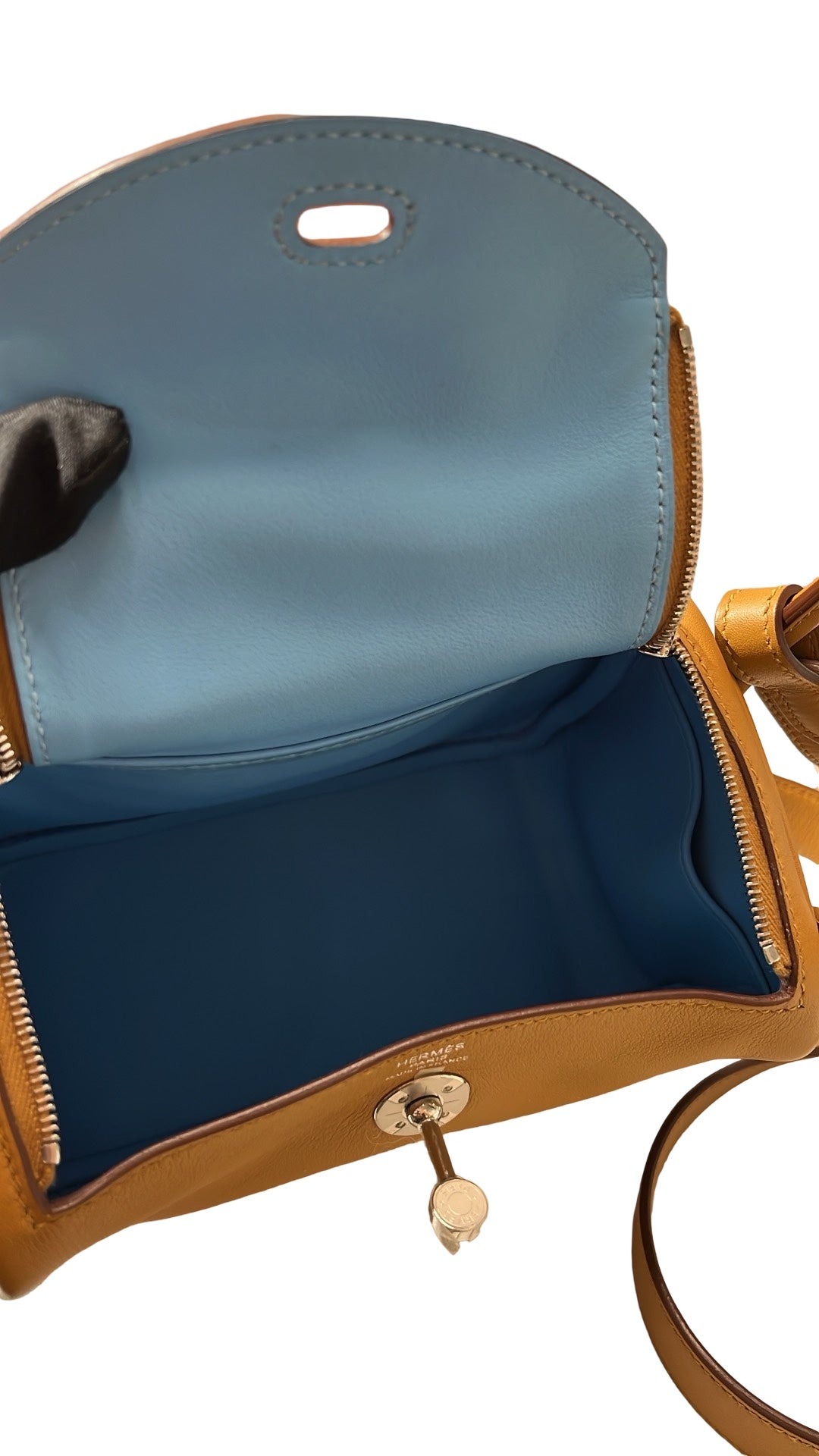 Used Hermès Swift leather Mini Lindy Swift Shoulder Bag PHW Blue Brown