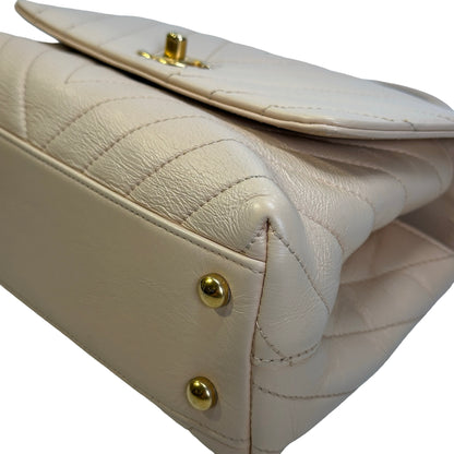 Used CHANEL Chevron Coco Handle Handbag Beige GHW