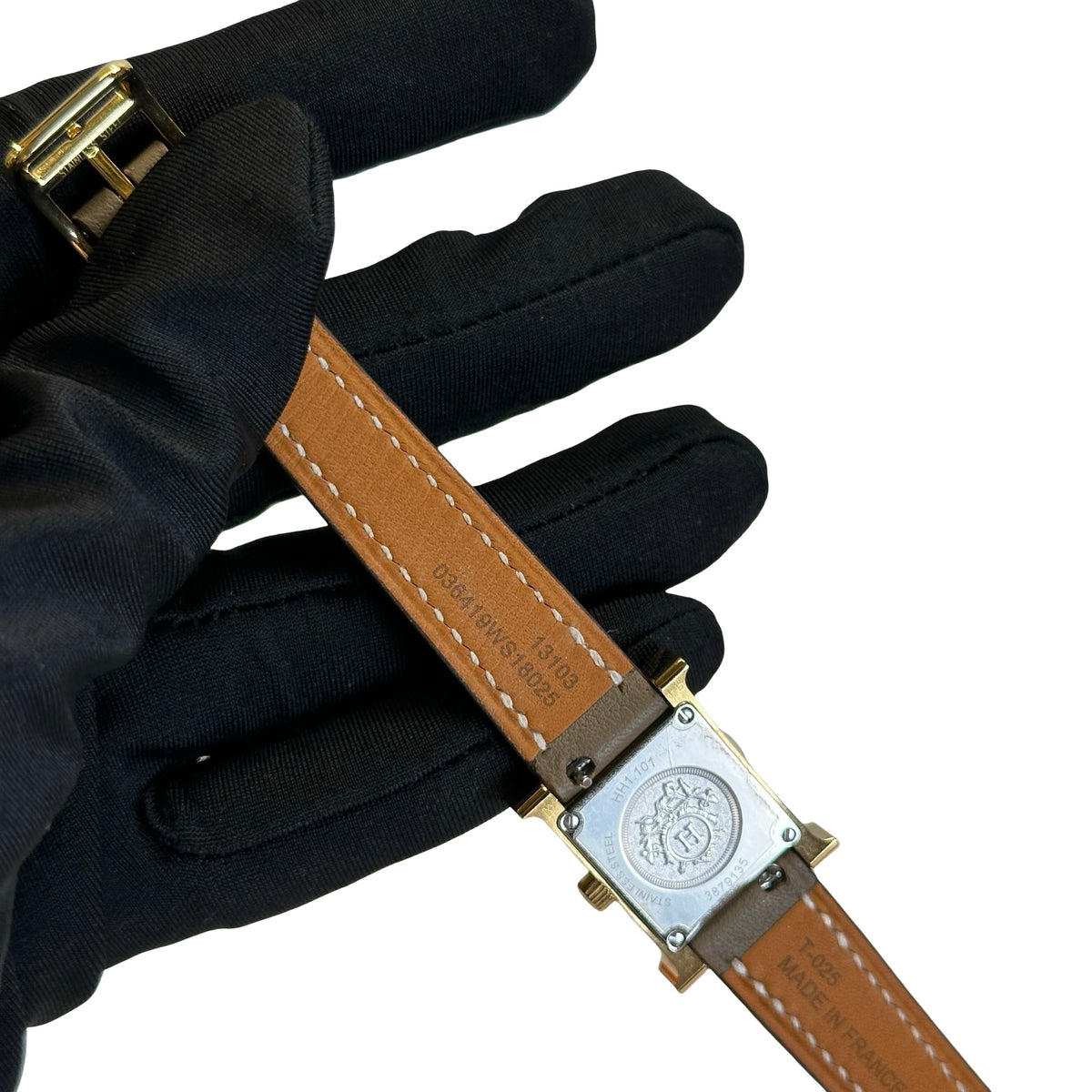 Used HERMES Leather Gold Plated Heure H Watch Green Gold White