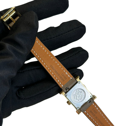 Used HERMES Leather Gold Plated Heure H Watch Green Gold White