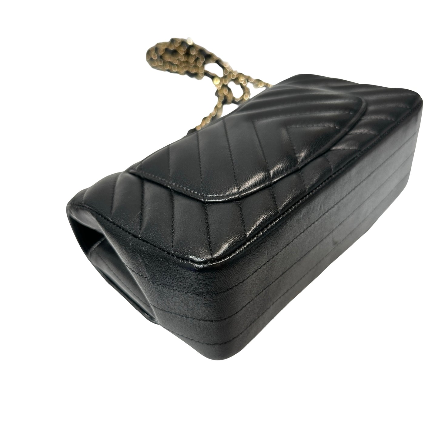 Used CHANEL Chevron Lambskin Leather Mini Square Flap Chain Shoulder Bag Black GHW