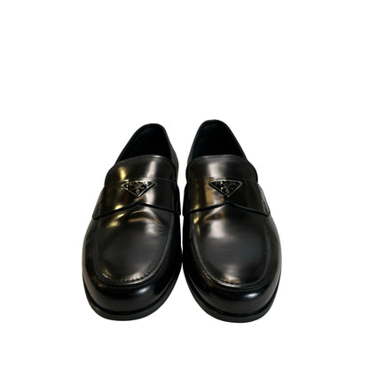 Used PRADA Leather Logo Plaque Loafers Shoes Black Silver