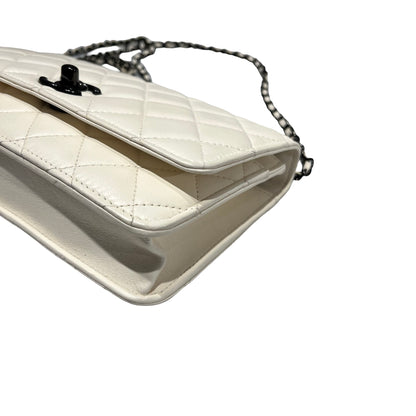 Used CHANEL Lambskin Leather WOC Shoulder Bag White Black Hardware