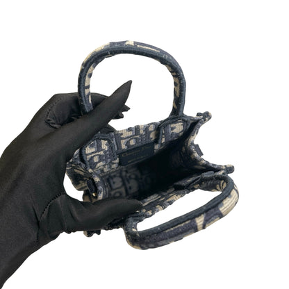 Used DIOR Dior Oblique Embroidery Mini Book tote phone bag Tote Bag Blue Beige