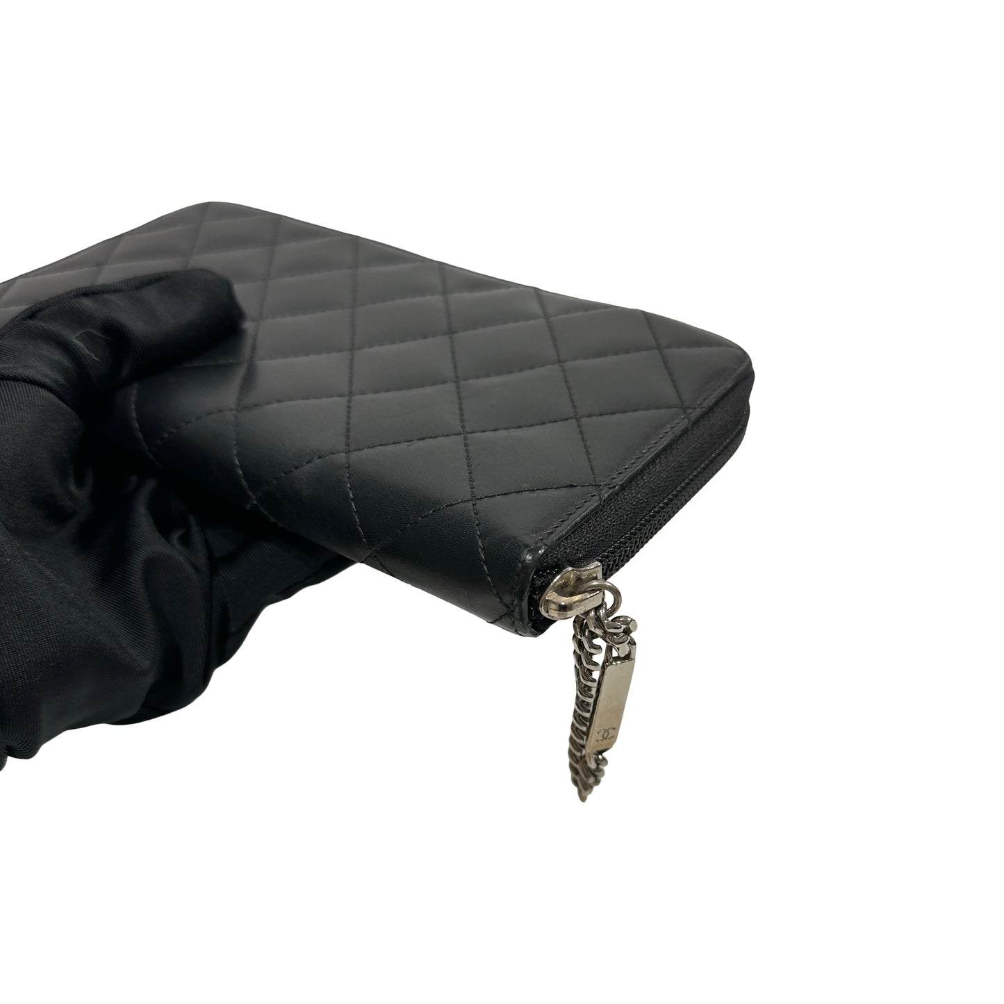 Used Chanel Lambskin Leather Cambon Long Round Wallet Black PHW