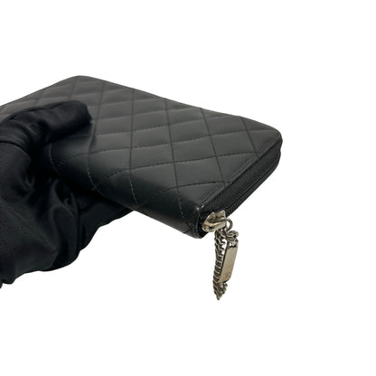 Used Chanel Lambskin Leather Cambon Long Round Wallet Black PHW