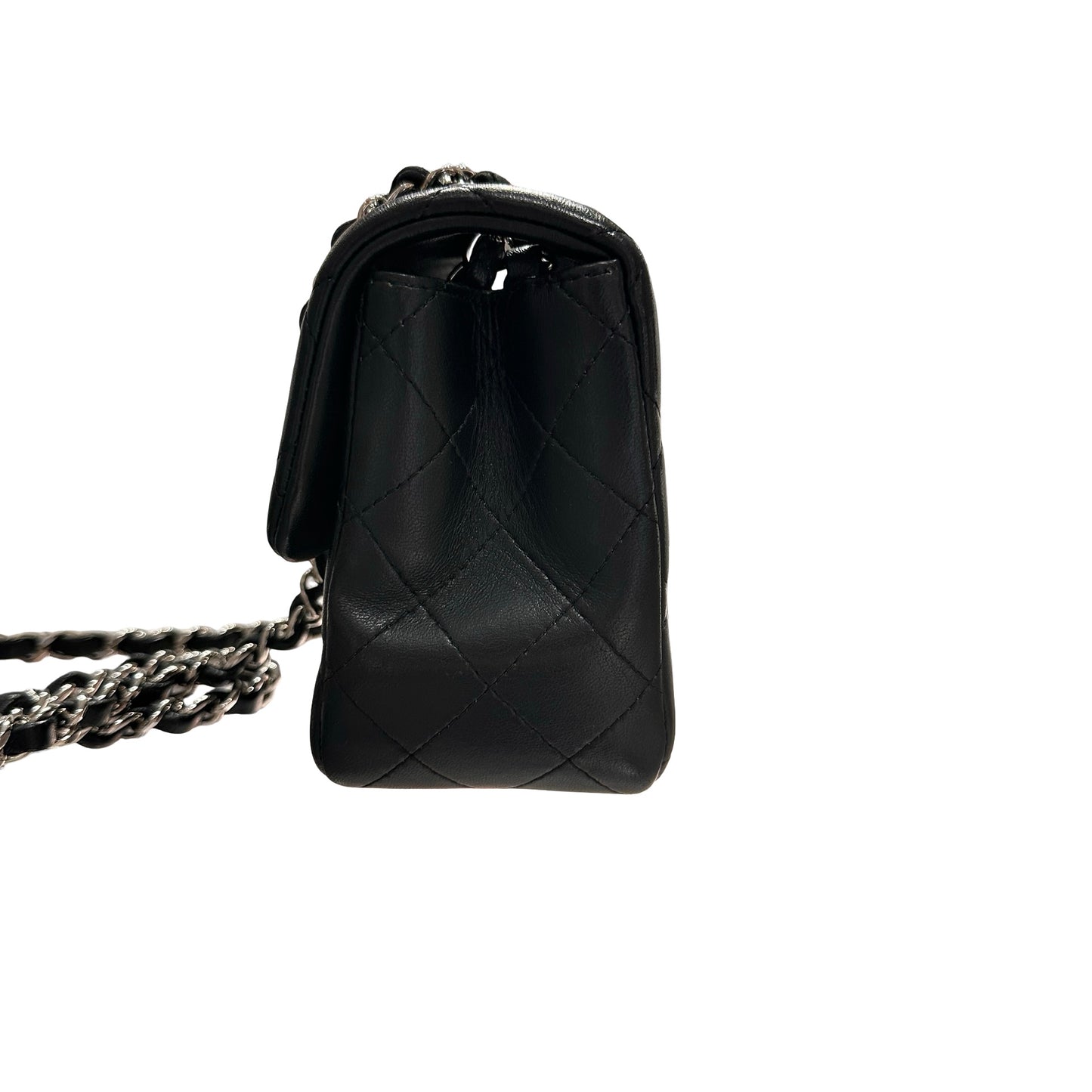 Used CHANEL Lambskin Leather Mini flap 17cm Cross Body Bag Black PHW