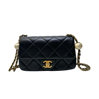 Used CHANEL Quilted Lambskin Mini Flap Bag with Pearl Crush Chain Shoulder Bag Black Gold hardware