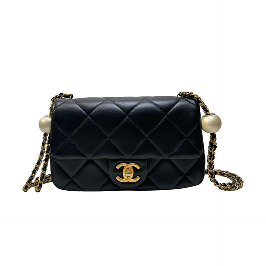 Used CHANEL Quilted Lambskin Mini Flap Bag with Pearl Crush Chain Shoulder Bag Black Gold hardware