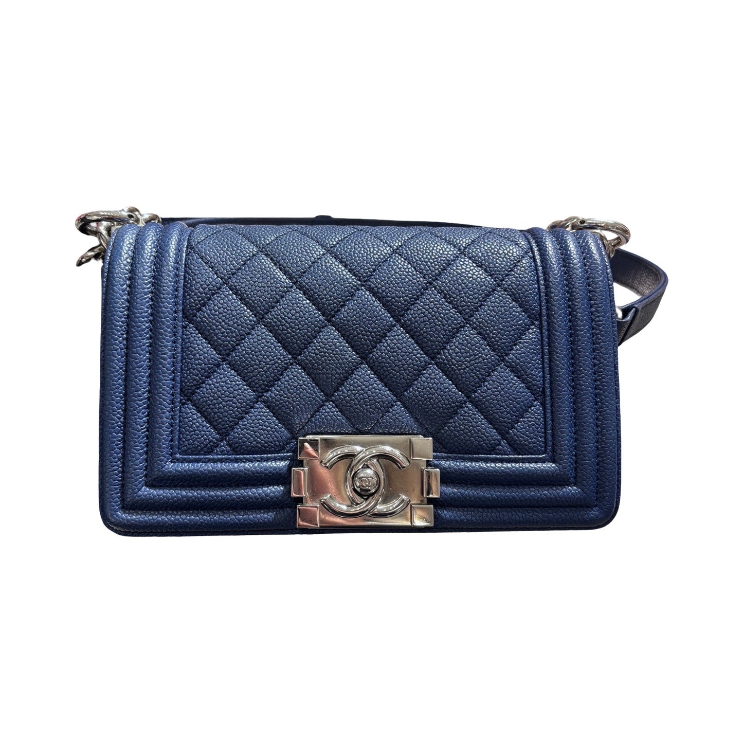 Used CHANEL Boy 20cm Cross Body Bag Navy Blue PHW