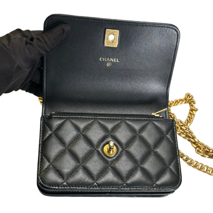 Used CHANEL Quilted Lambskin Mini Flap Bag Mini Flag Bag with Gold Ball Black Gold