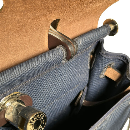 Used HERMES Toile Hunter Herbag Zip Handbag Navy Blue Brown