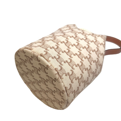 Used CELINE Triomphe Canvas Calfskin Teen Triomphe Drawstring Drawstring Bag Beige Brown GHW