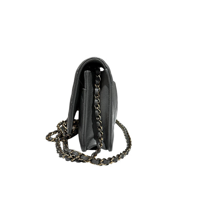 Used CHANEL Caviar Leather WOC Calf Skin Cross Body Bag Grey PHW