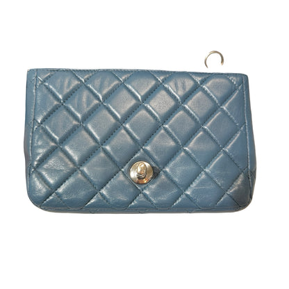 Used CHANEL Calfskin Leather Flap mini 17cm Cross Body Bag Blue PHW