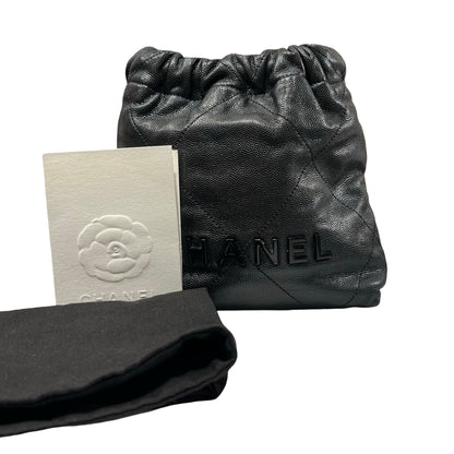 Used CHANEL Calfskin Leather Mini 22 Bucket Bag Black GHW