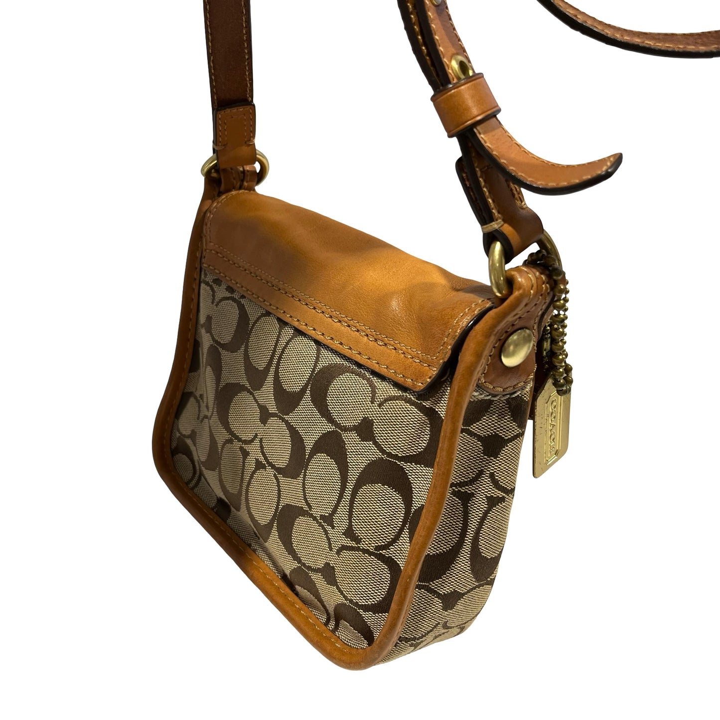 Used COACH Signature Canvas Leather Signature Canvas Flap Bag Crossbody Bag Brown Beige