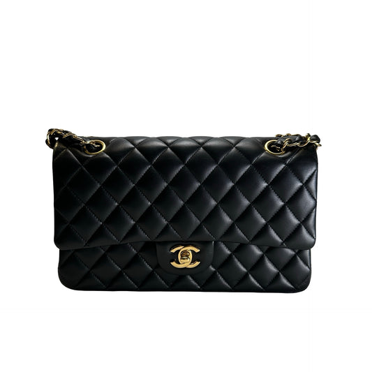 Used CHANEL Quilted Lambskin Classic Flap Chain Shoulder Bag Black Gold
