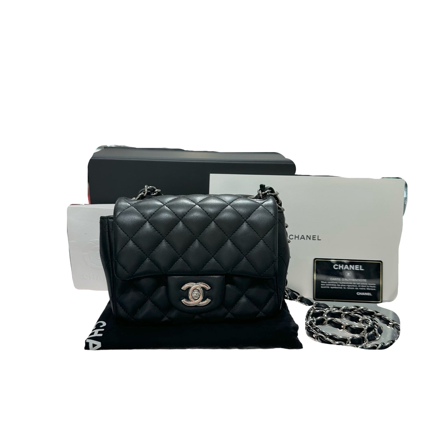 Used CHANEL Lambskin Leather Mini flap 17cm Cross Body Bag Black PHW