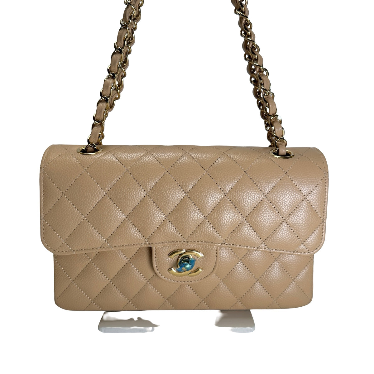 Brand New CHANEL Quilted Caviar Classic Flap Chain Shoulder Bag Beige Gold