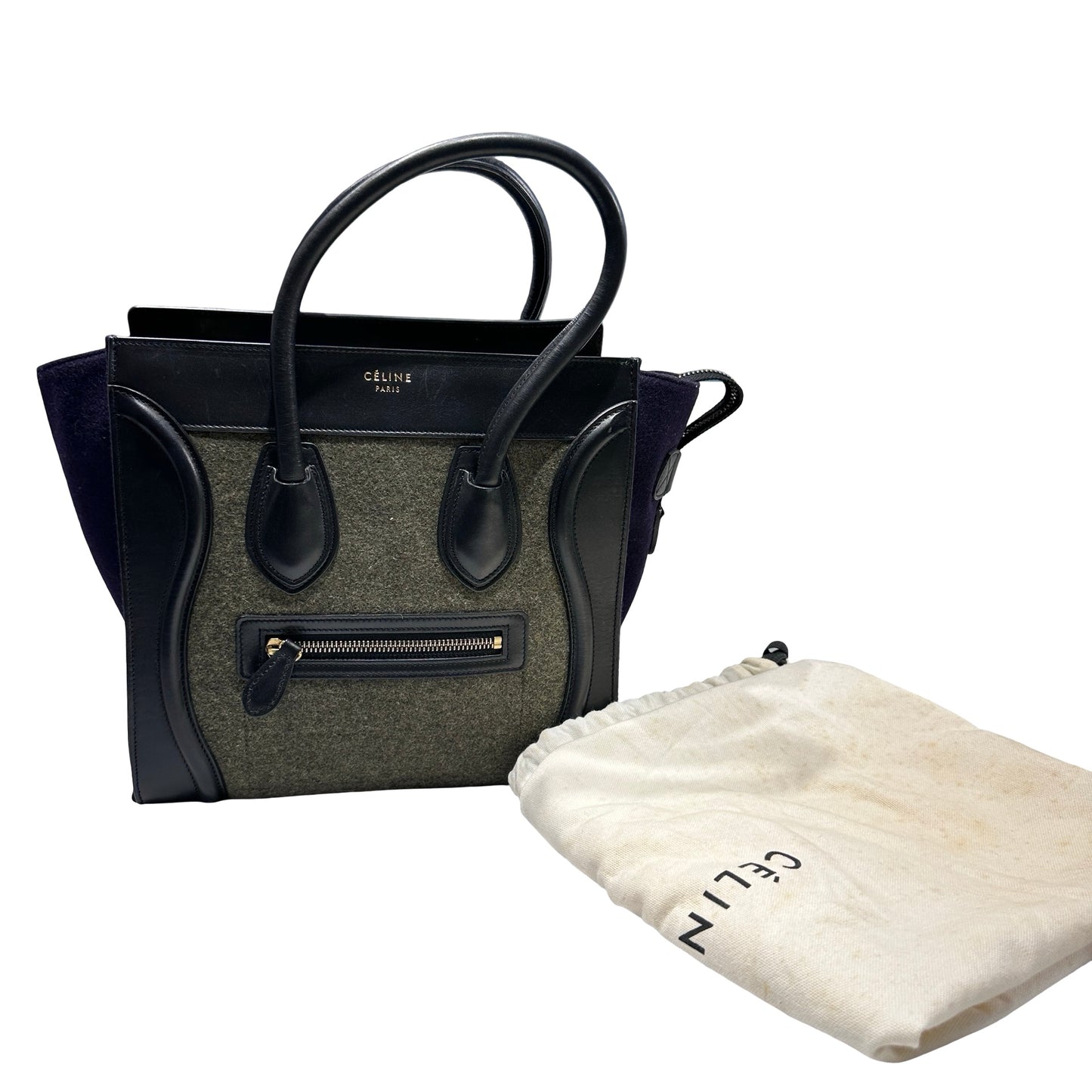 Used CÉLINE Calfskin Leather LUGGAGE Handbag GREEN PURPLE Black GHW