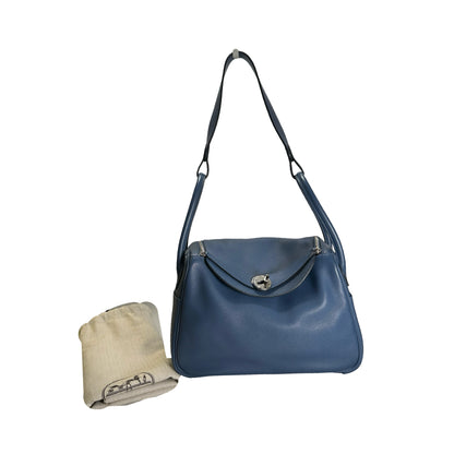 Used HERMES Leather Lindy 26 Handbag Blue PHW
