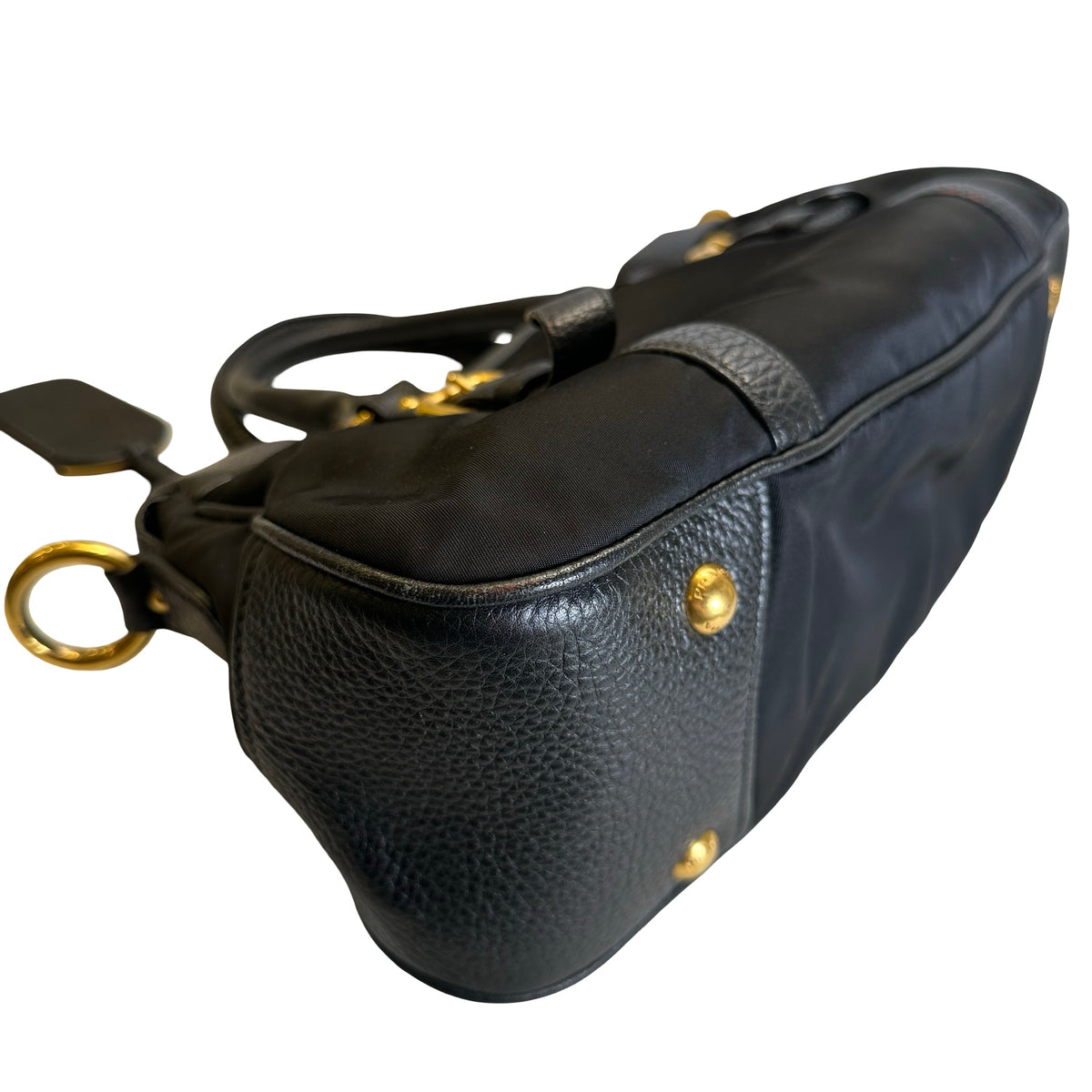 Used PRADA Nylon Leather Tessuto Vitello Daino Satchel Handbag Black Gold