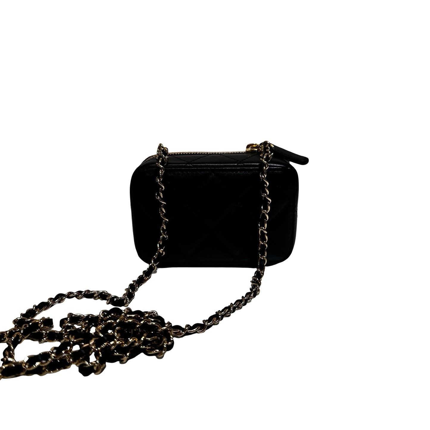 New CHANEL Lambskin Leather Vanity Case Shoulder Bag Gold Black GHW