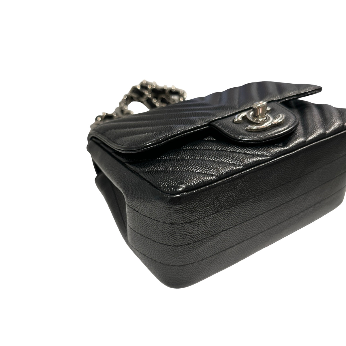 Used CHANEL Caviar Leather Mini Rectangular Flap Chain Shoulder Bag Black PHW